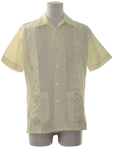 Retro 70s Guayabera Shirt 70s Luzon Mens Light Yellow Polyester And