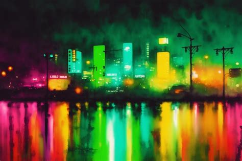 Uma Pintura De Uma Cidade Luzes Neon E Uma Placa Que Diz Neon