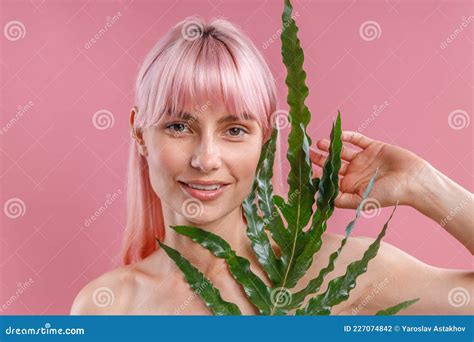 Portrait Of Beautiful Naked Woman With Pink Hair Smiling At Camera