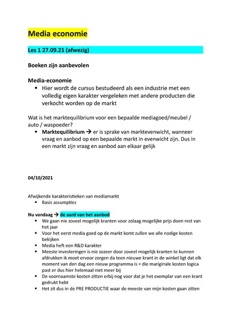 Media Economie Notes Aantal Notities Van De Lessen Samenvattingen