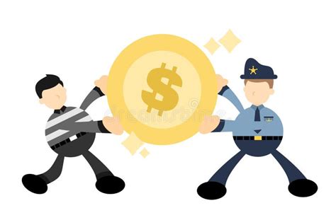 Police And Burglar Thief Gold Coin Money Dollar Cartoon Doodle Flat