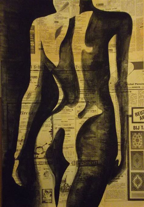 A Black And White Drawing Of A Naked Woman On Top Of News Paper With