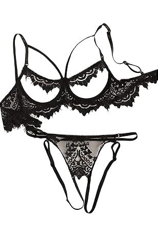 Sexy Underwire Strappy Eyelash Floral Lace Sheer Lingerie Set For Women See Through Bra And