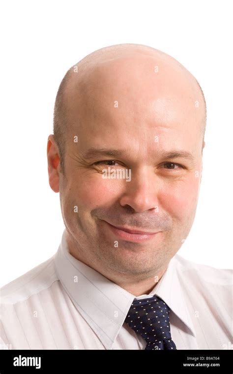 Closeup Portrait Of The Bald Headed Man On A White Background Stock