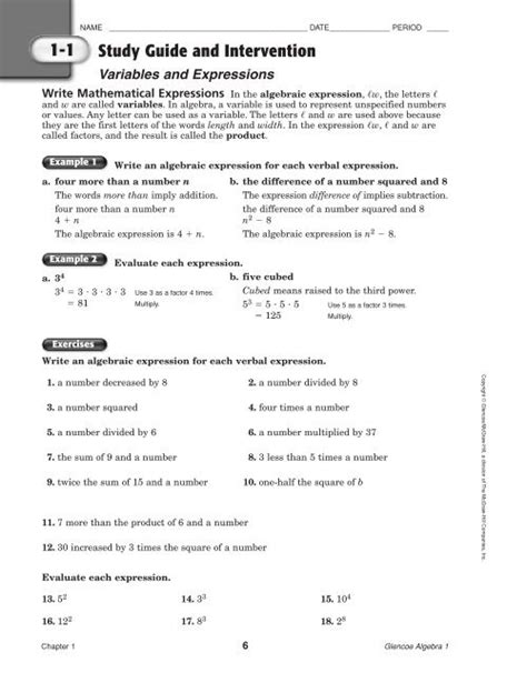 Unit 1 Algebra Basics Translating Expressions Equations And