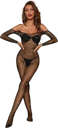 Amazon Canb Sexy Fishnet Lingerie Rhinestone Women Bodysuit Mesh Babydoll Chemise
