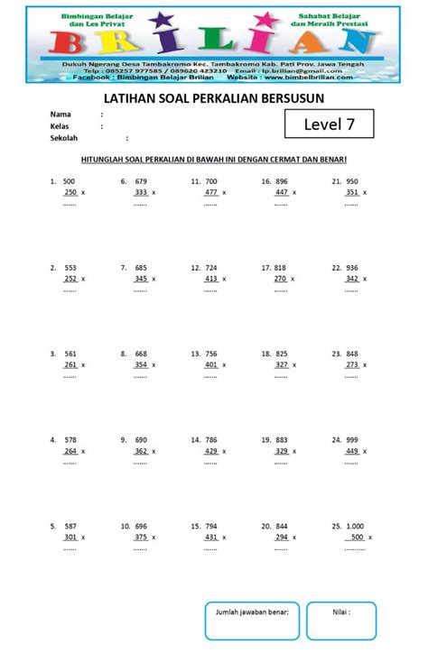 Soal Perkalian Bersusun Kelas Sd Level Dan Kunci Jawaban Bimbel