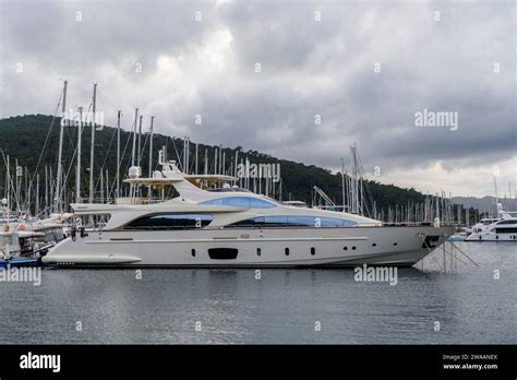 Luxury Super Yacht Moored Alongside In Marina Motor Yacht Large Mega