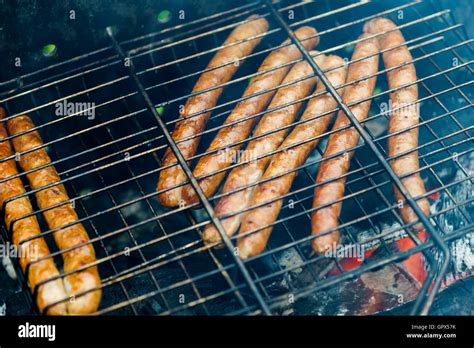 BBQ With Frankfurt Sausages On The Grill Closeup Stock Photo Alamy