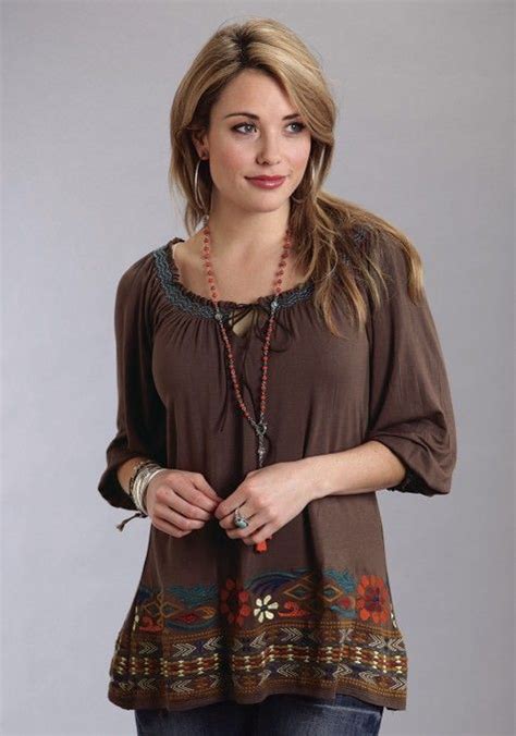 Stetson® Ladies Brown Embroidered 34 Sleeve Western Peasant Top Boho Gypsy Fashion Gypsy Style