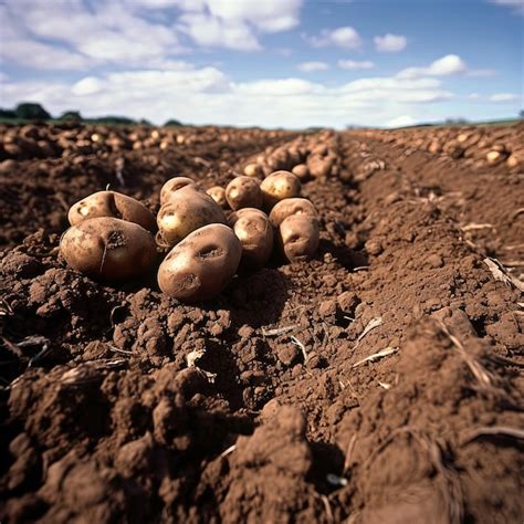 Pommes De Terre Au Sol Dans Un Champ Avec Un Ciel Bleu En Arrière plan