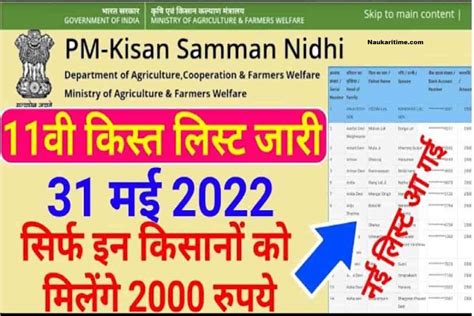 Pm Kisan Yojana New List 2022 11वी किस्त के 2000 रुपये 31 मई 2022 को