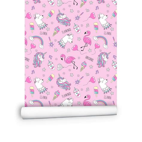 Pink Girls Unicorn Wallpaper, Kawaii Room Decor Flamingo Llama Rainbow ...