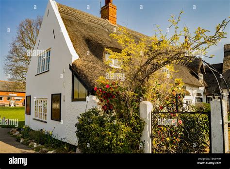 A White Cottage With A Traditional Norfolk Reed Thatched Roof On The