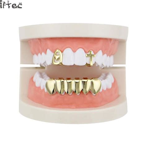 Iftec Hip Hop Grillz Hollow Cross Heart Gold Teeth Grillz Open Faced