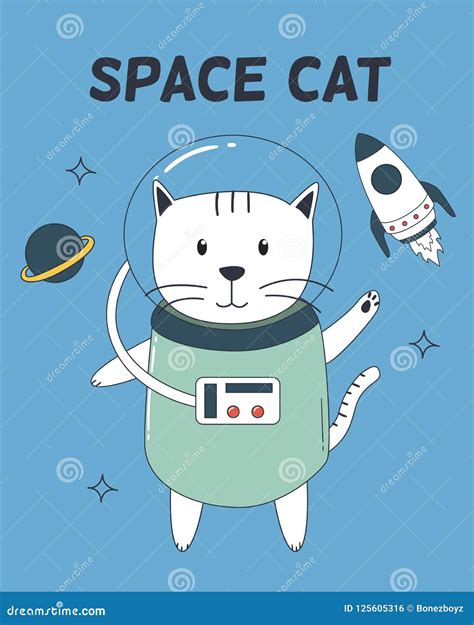 Space Cat With Astronaut Suit Rocket And Planet Stock Vector