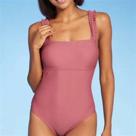 Kona Sol Swim Kona Sol Womens Square Neck Ruffle Shoulder Medium