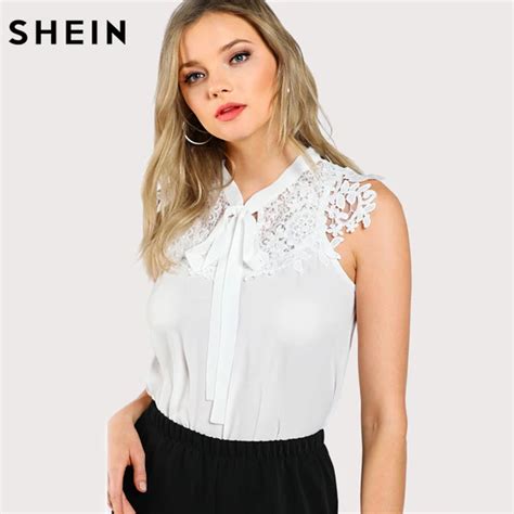 Aliexpress.com : Buy SHEIN Guipure Lace Applique Tied Neck Top Women ...