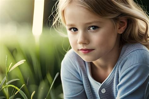 Une Jeune Fille Est Assise Dans Un Champ D Herbe Et Regarde La Cam Ra