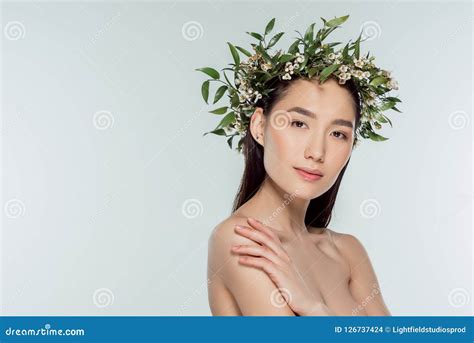 Attractive Naked Asian Girl In Floral Wreath Stock Photo Image Of