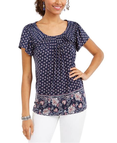 Style And Co Printed Pleat Neck Top Created For Macys Macys