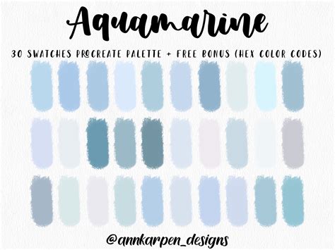 Aquamarine Procreate Palette, 30 HEX Color Codes, Nude Blue Water Color