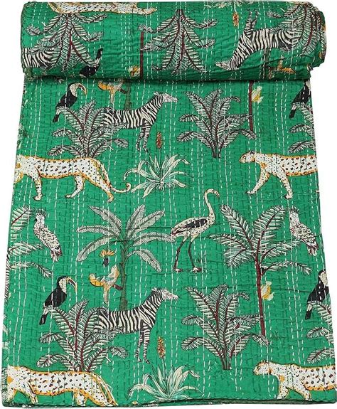 Indian Traditional Pure Cotton Jungle Print Kantha Quilt Bed Cover