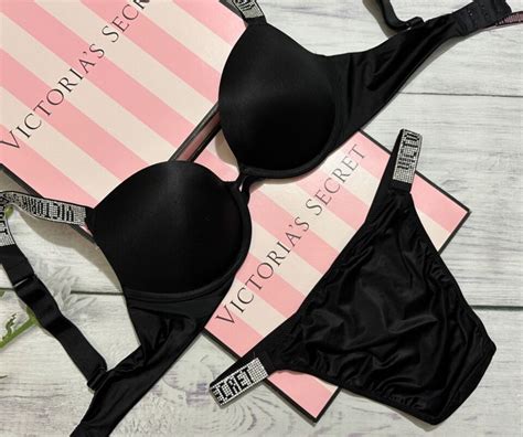 Victoria S Secret Shine Strap Rhinestone Push Up Bra Bikini Set Black Ebay