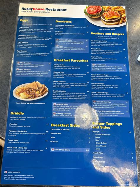 Menu At Husky House Restaurant Saskatoon