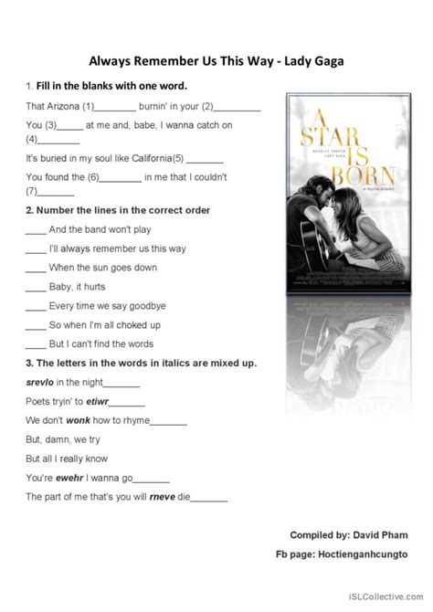 Always remember us this way - Lady G…: English ESL worksheets pdf & doc