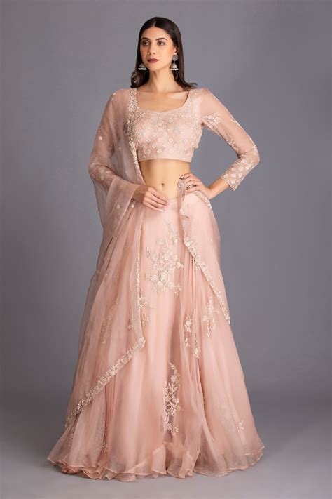 Buy Pink Silk Organza Embroidery Cutdana Scoop Neck Placement Lehenga