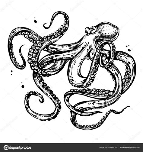 Octopus Tentacles Hand Drawn Ink Doodle Sketch Black White Line Stock