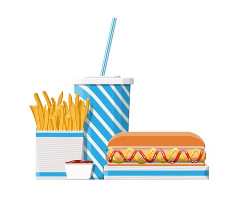 Tasty hotdog, blue striped paper glass with drinking straw, french ...