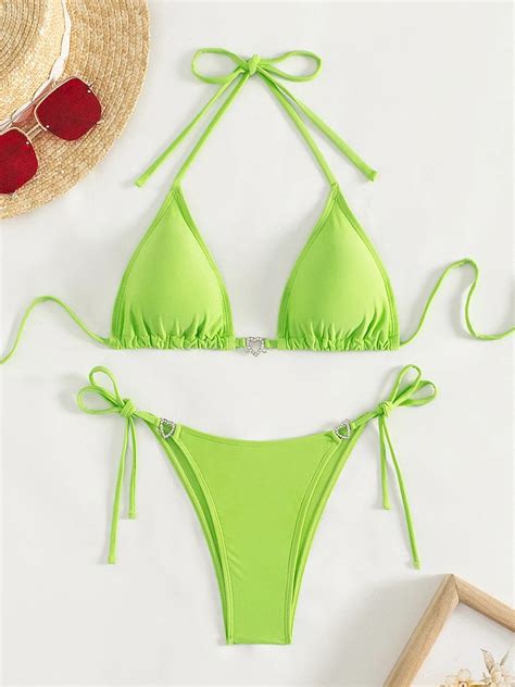 Womens Lime Green Tie Up Bikini Swimwear Set On Luulla
