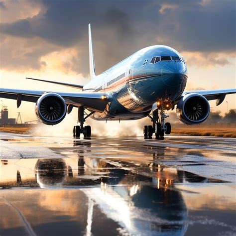 Avión de pasajeros volando despegando en el cielo azul del atardecer