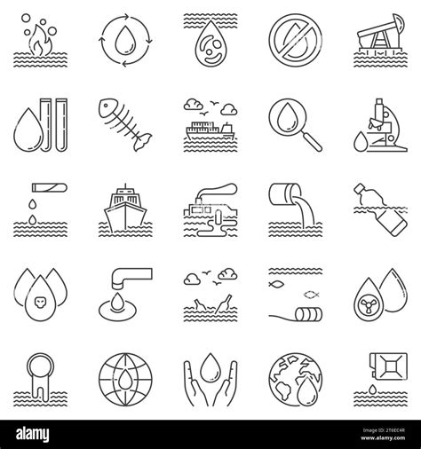 Water Pollution Outline Icons Set Vector Waste Water Aquatic And