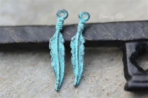 Mykonos Feather Charm Turquoise Patina Greek Cast Metal Etsy