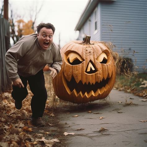 Premium AI Image | Scared man running away from a giant Halloween pumpkin flying through the air ...