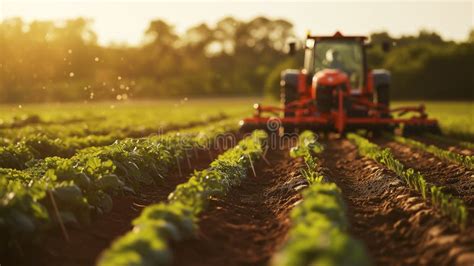 Advanced Tractor In Action Fertilizing Large Agricultural Field Stock