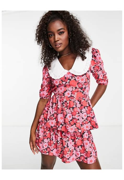 Miss Selfridge Collared Ruched Sleeve Tiered Tea Dress In Pink Floral Multi