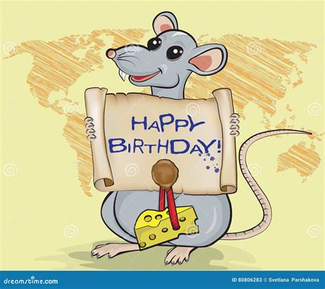 Cartoon Rat Holding Scroll With Ink Lettering Happy Birthday Stamp And