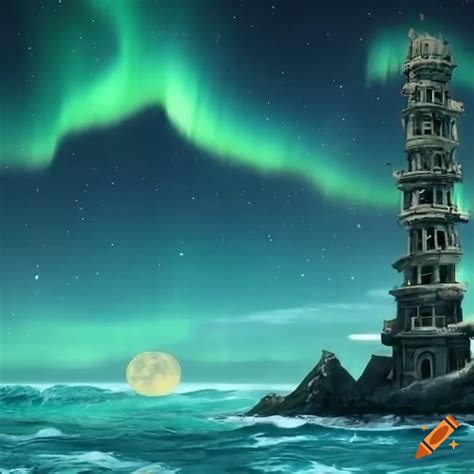 Anime Depiction Of A Damaged Tower With Sea Waves And Aurora Borealis