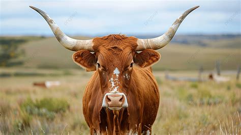 Beautiful Brown Longhorn Steer On A Cattle Ranch Background Longhorn