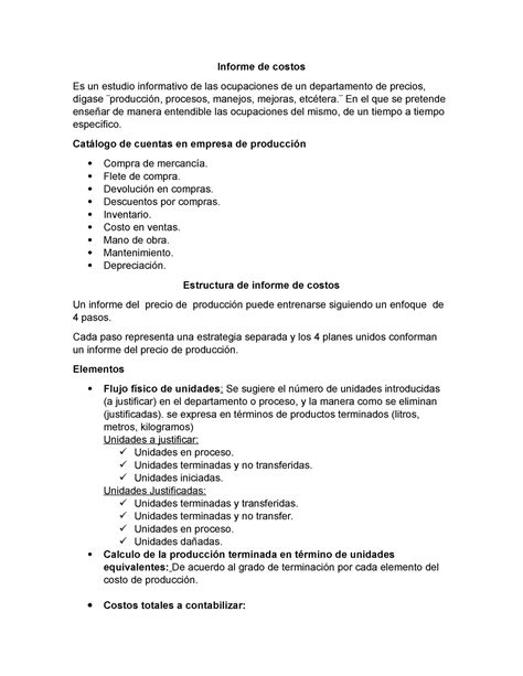 Informe de costos - Notas de clases - Informe de costos Es un estudio