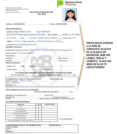 Planilla De InscripciÓn Instituto Superior De FormaciÓn Docente Nº 21