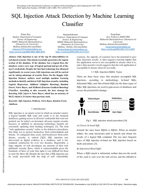 Pdf Sql Injection Attack Detection By Machine Learning Classifier