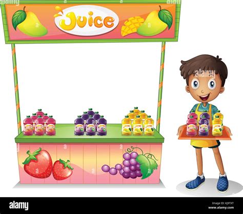 Illustration Of A Boy Selling Fruit Juices On A White Background Stock