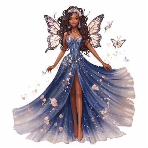 Glitter Hand Illustrated Barbie Inspirred Brown Skin Fairy Floral