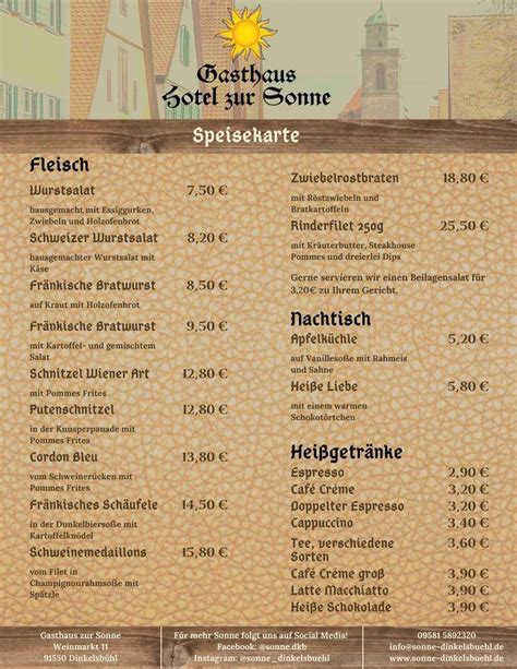 Carta Del Restaurante Hotel Gasthof Zur Sonne Dinkelsb Hl