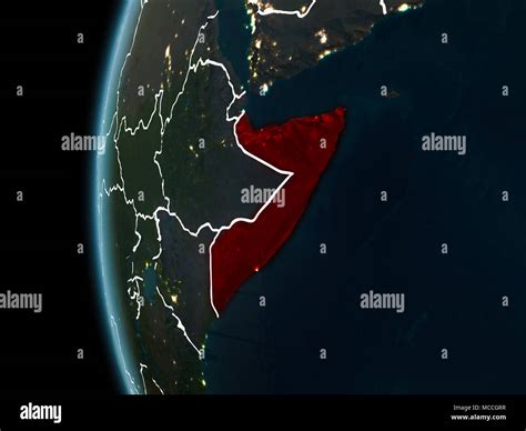 Orbit View Of Somalia Highlighted In Red With Visible Borderlines And